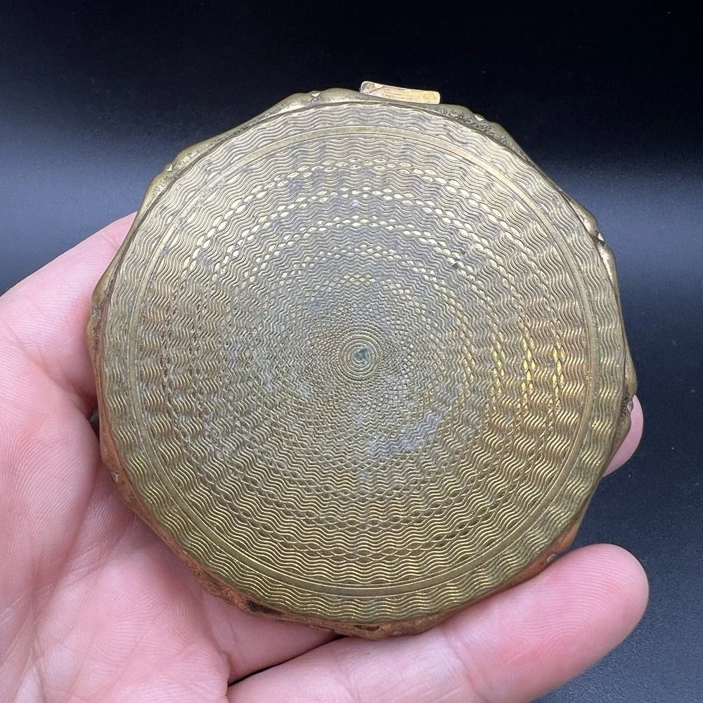 Vintage Gold Tone Compact Ceramic Courting Couple Plate Signed Fragonard